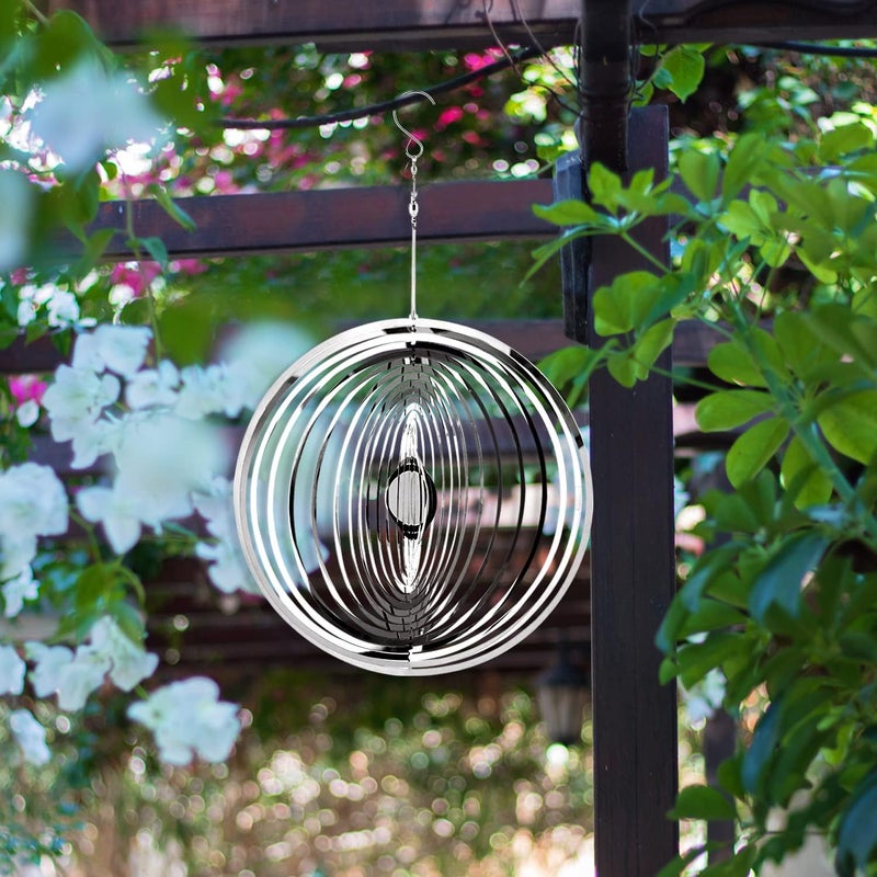 Marspeeder Hanging Wind Spinner Outdoor Metal Decorations, Silver Wind Spinners for Yard and Garden,3D Mirror Stainless Steel Wind Sculptur Chime Indoor Outdoor Garden Decoration Worth Gift （Round） - Image 1
